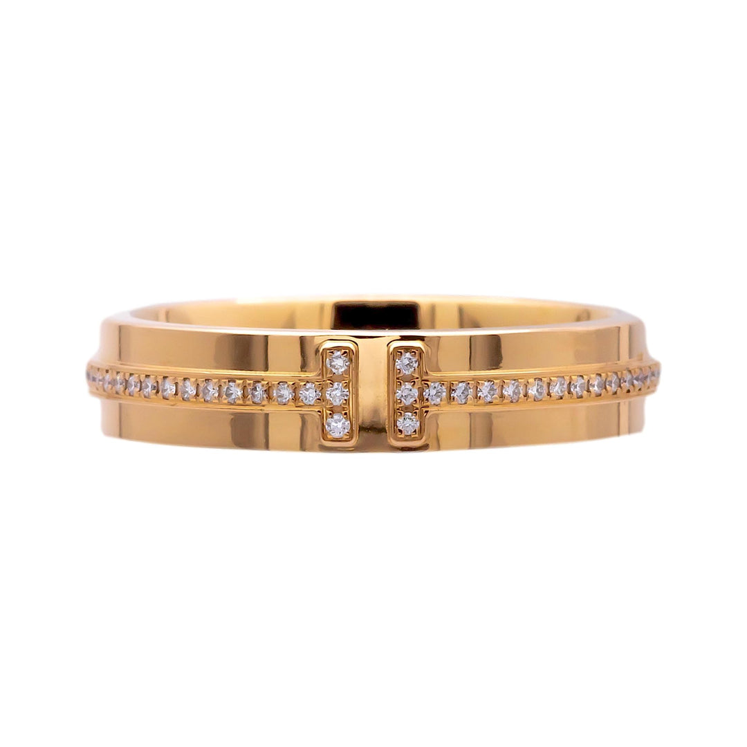 Tiffany & Co. T Narrow 18K Rose Gold 4.5 mm Wide .13 ct Diamond Band Ring Size 7