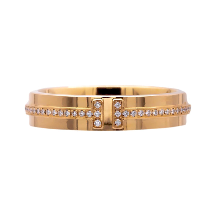 Tiffany & Co. T Narrow 18K Rose Gold 4.5 mm Wide .13 ct Diamond Band Ring Size 7
