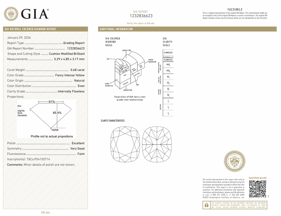 Tiffany & Co Platinum Soleste Intense Fancy Yellow .68Ct Internally Flawless Center Cushion Diamond Engagement Ring