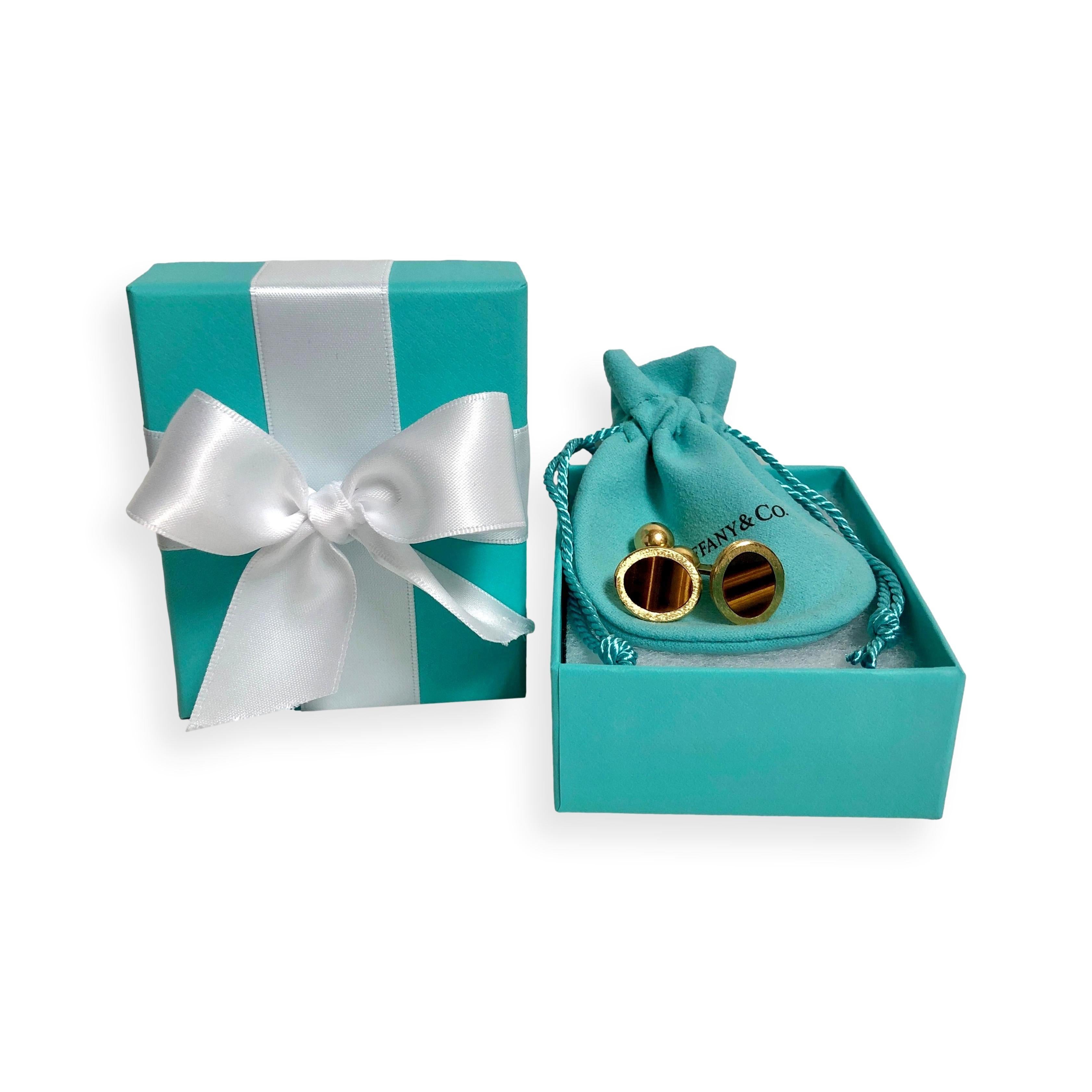 Vintage Tiffany & Co. 18K Gold Tiger Eye Cufflinks, Fixed Ball