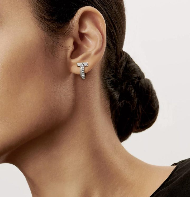 Tiffany & Co. T1 Hoop Earrings in 18K White Gold with Pavé Diamonds .40 cts