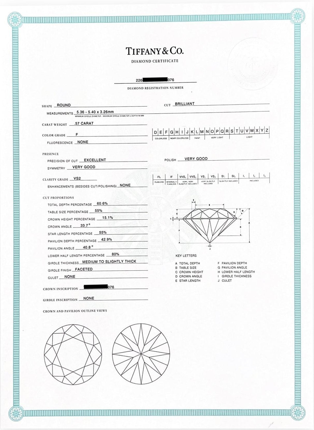 Tiffany & Co. Platinum .57 ct F VS2 Diamond Solitaire Engagement Ring w/papers