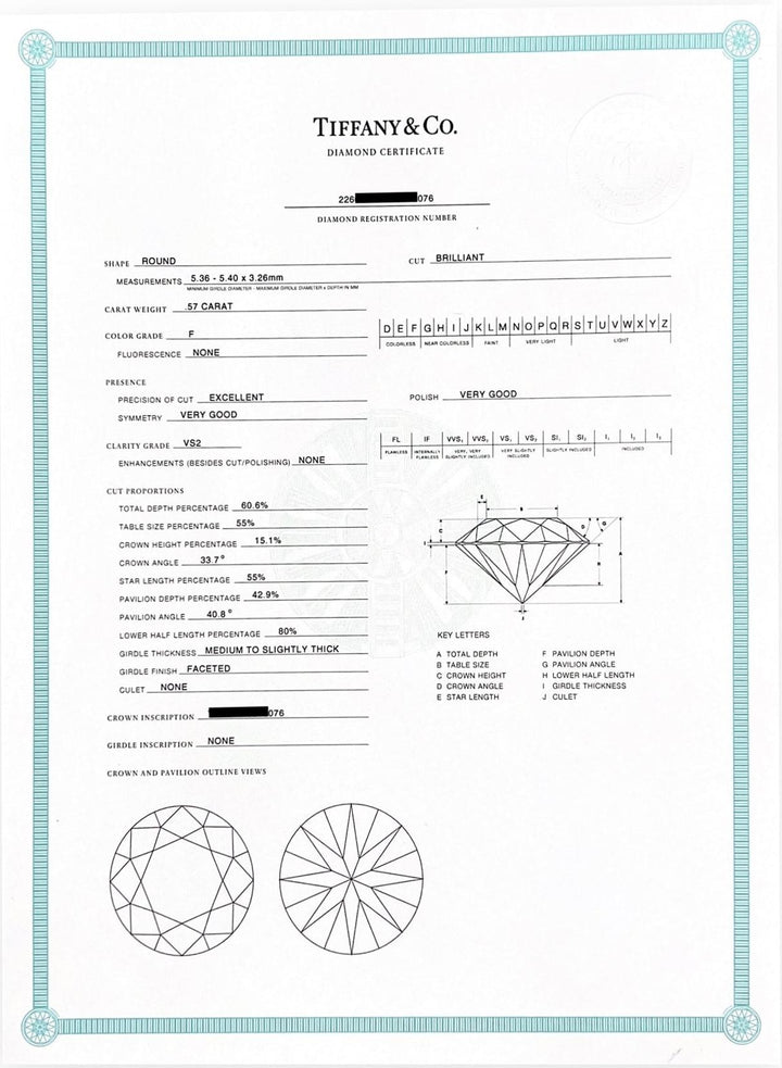 Tiffany & Co. Platinum .57 ct F VS2 Diamond Solitaire Engagement Ring w/papers