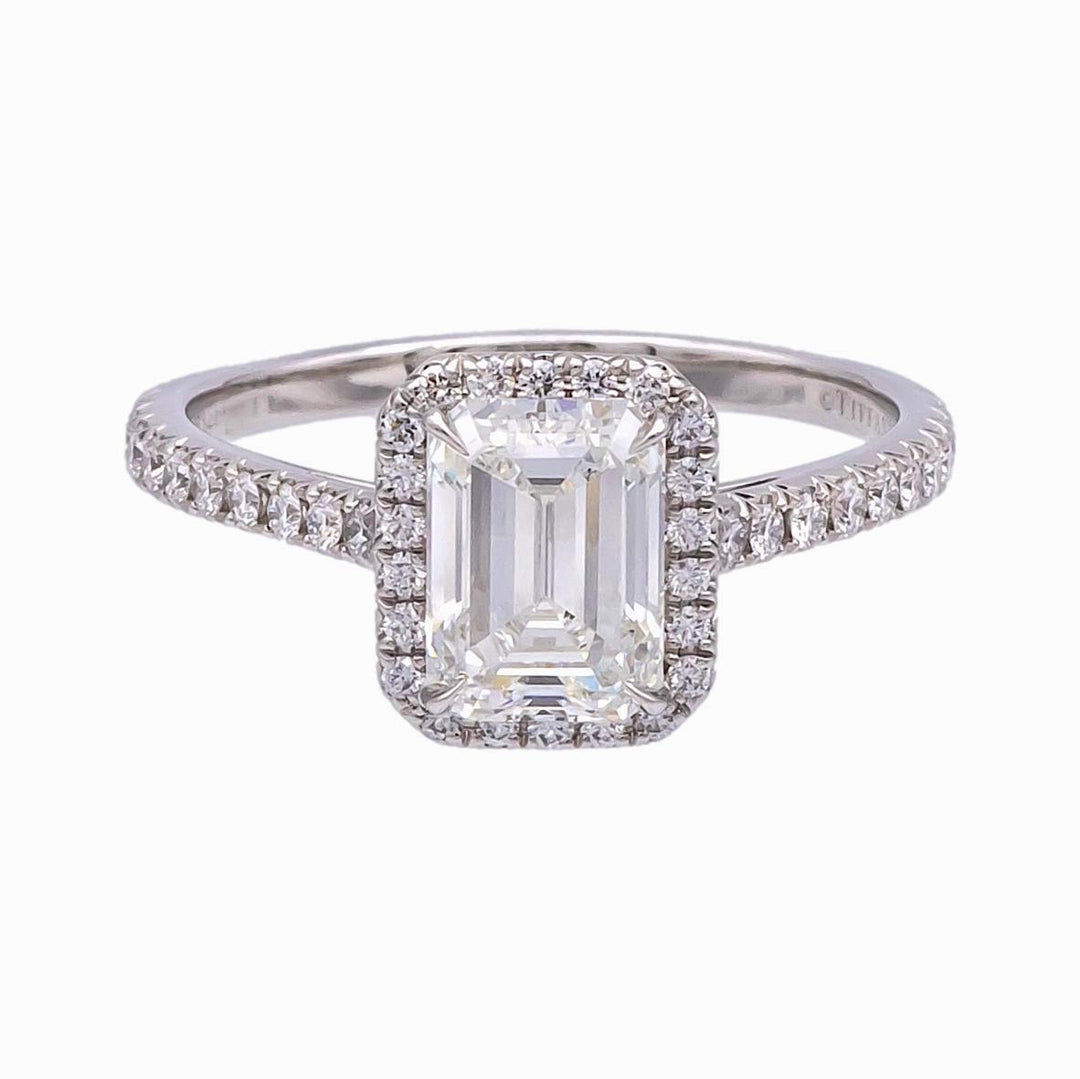 Tiffany & Co. Soleste 1.38 Ct Center Emerald Cut Halo Engagement Ring - H VS1