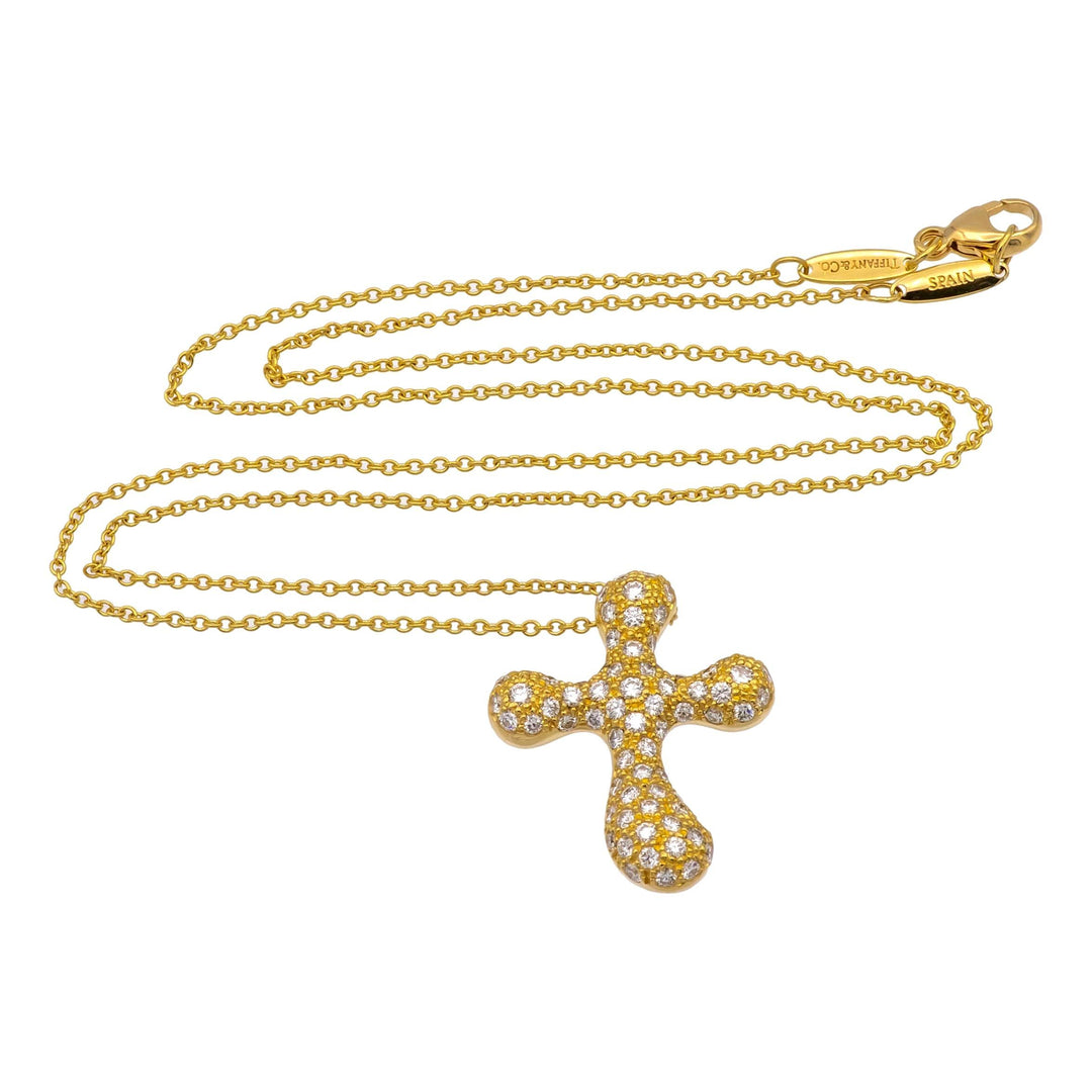 Tiffany & Co. Elsa Peretti 18K Yellow Gold Diamond Pave Cross Pendant Necklace