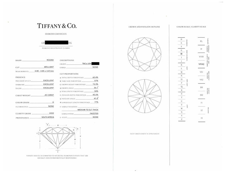 Tiffany & Co. Platinum .43 ct. Solitaire Round Diamond Engagement Ring H VVS2