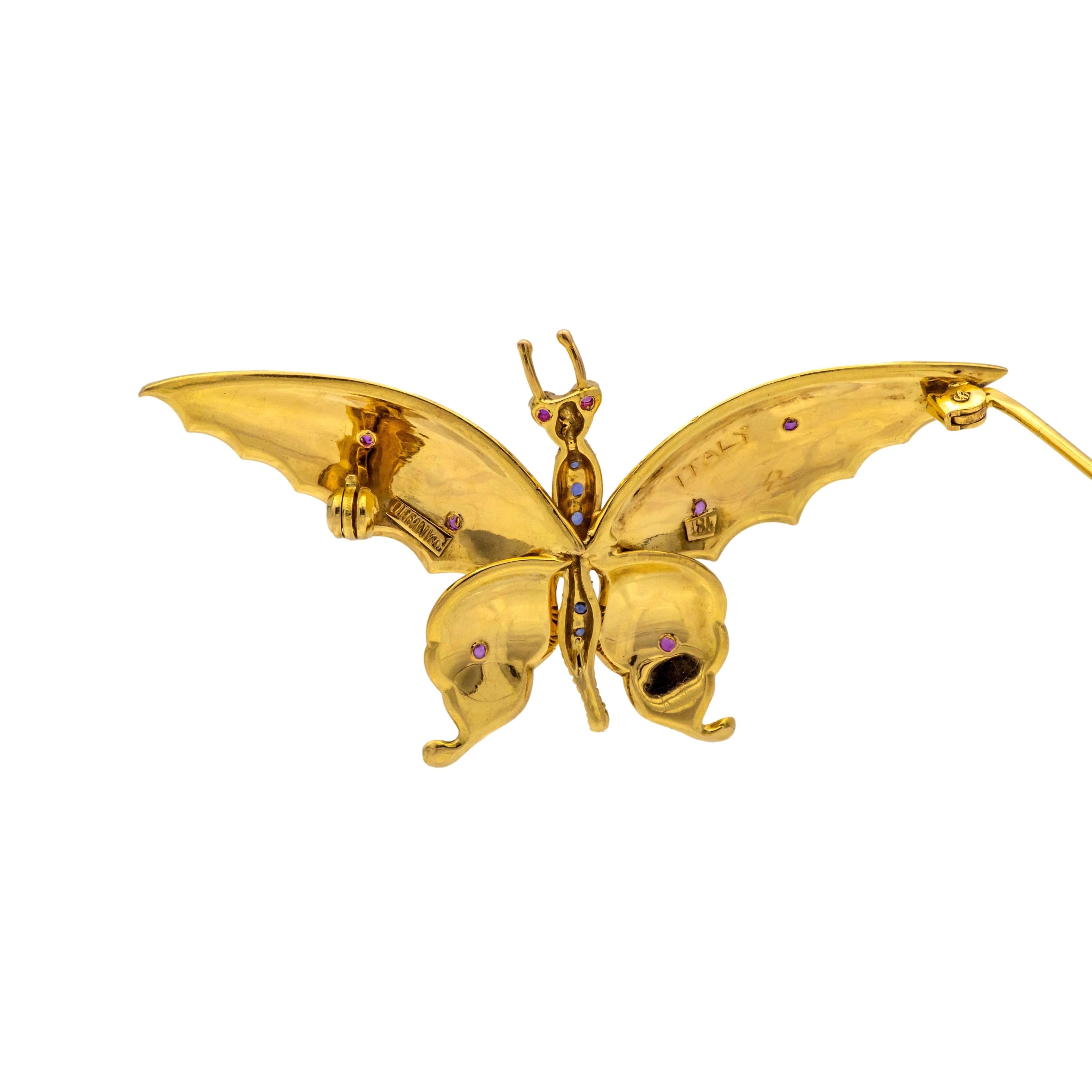 Vintage Tiffany & Co. 18K Gold Butterfly Brooch, Ruby & Sapphire