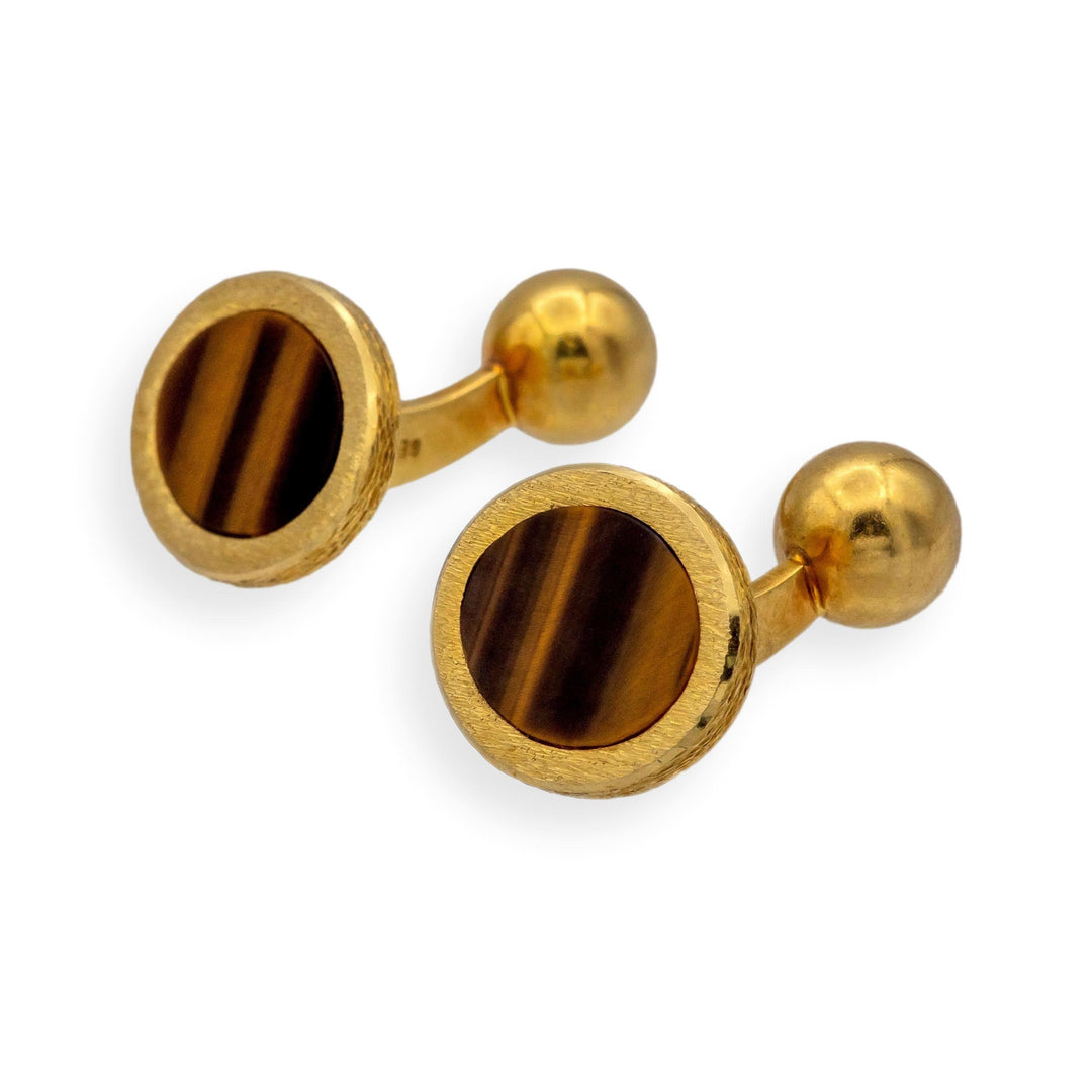 Vintage Tiffany & Co. 18K Gold Tiger Eye Cufflinks, Fixed Ball Back, ca. 1960's