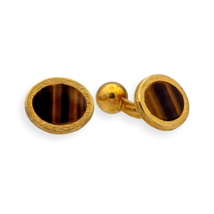 Vintage Tiffany & Co. 18K Gold Tiger Eye Cufflinks, Fixed Ball Back, ca. 1960's