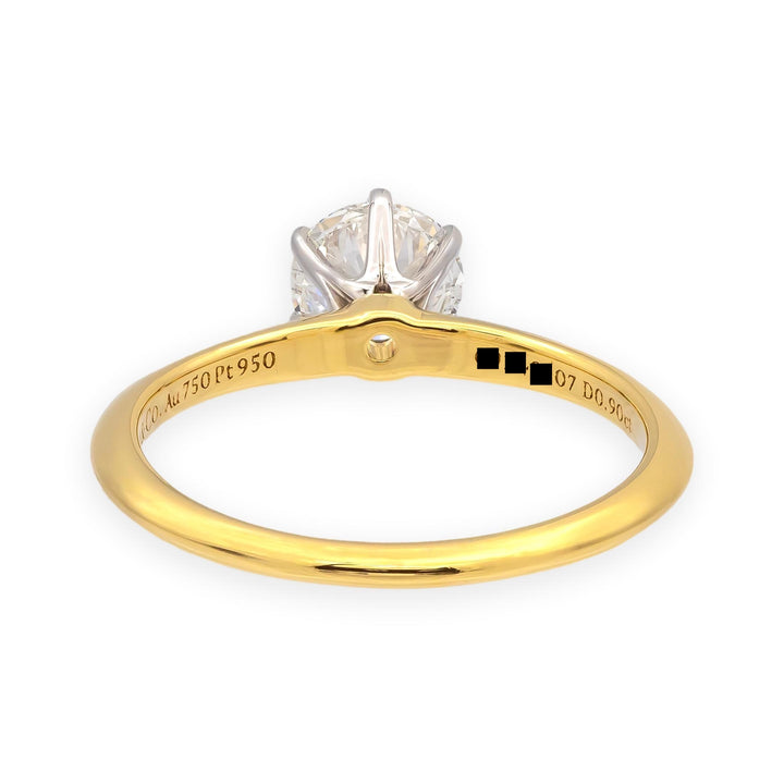 Tiffany & Co 18K Yellow Gold Platinum .90ct F VS2 Round Diamond Engagement Ring