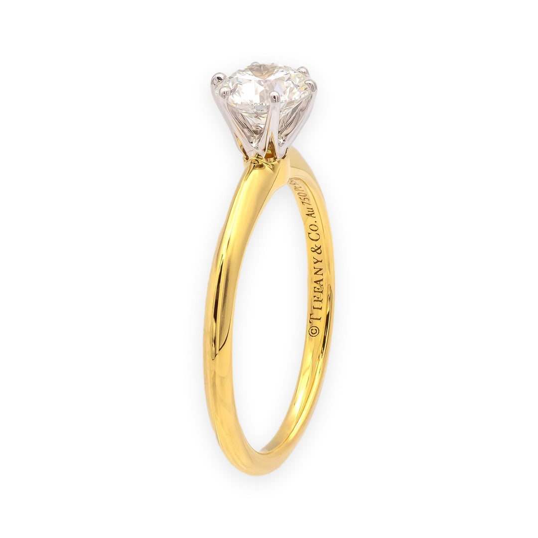 Tiffany & Co 18K Yellow Gold Platinum .90ct F VS2 Round Diamond Engagement Ring