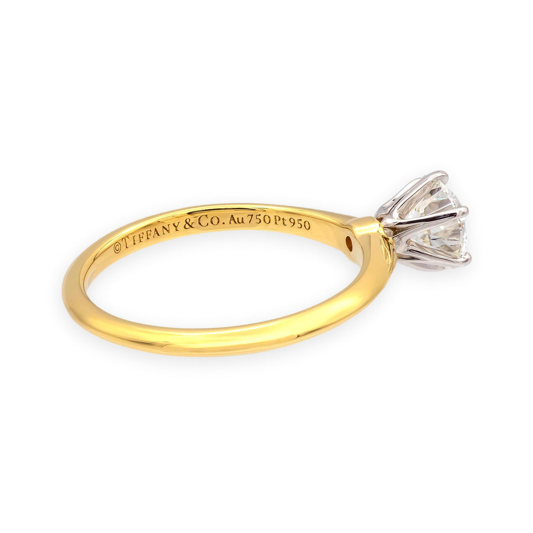 Tiffany & Co 18K Yellow Gold Platinum .90ct F VS2 Round Diamond Engagement Ring