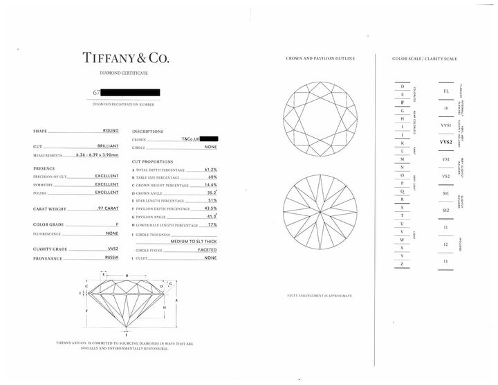 Tiffany & Co. Platinum .97 ct F VVS2 Round Diamond Solitaire Engagement Ring