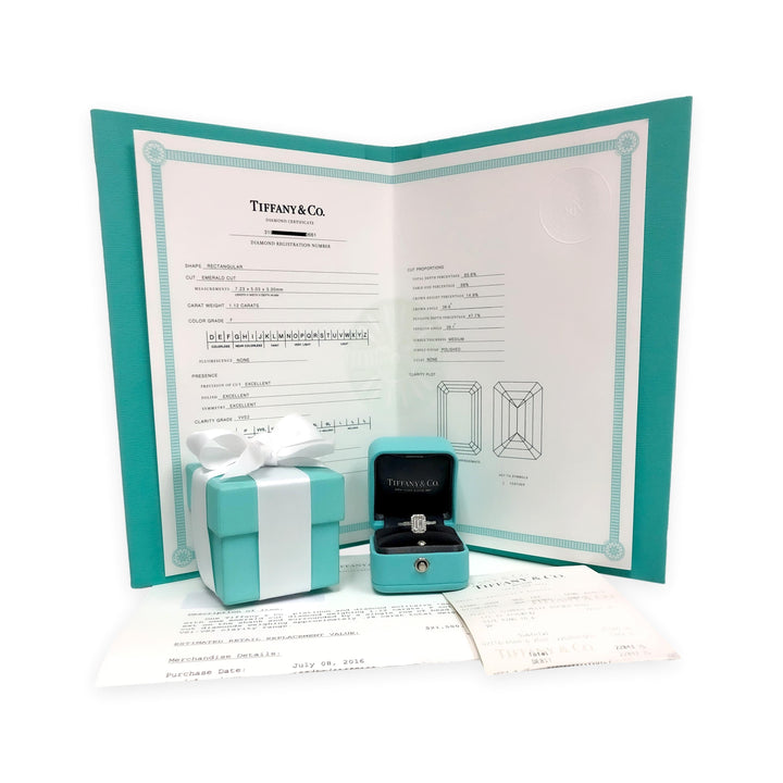 Tiffany & Co. Soleste 1.12 Ct Center Emerald Cut Halo Engagement Ring - F VVS2