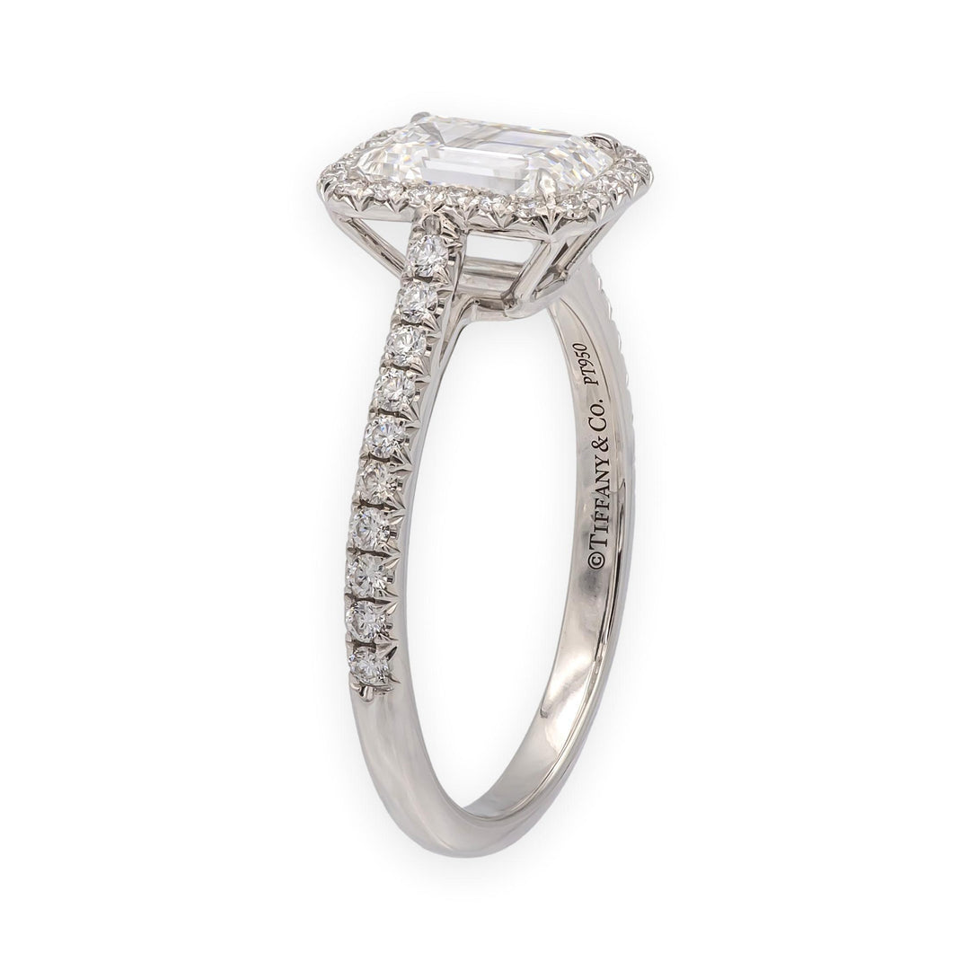Tiffany & Co. Soleste 1.12 Ct Center Emerald Cut Halo Engagement Ring - F VVS2