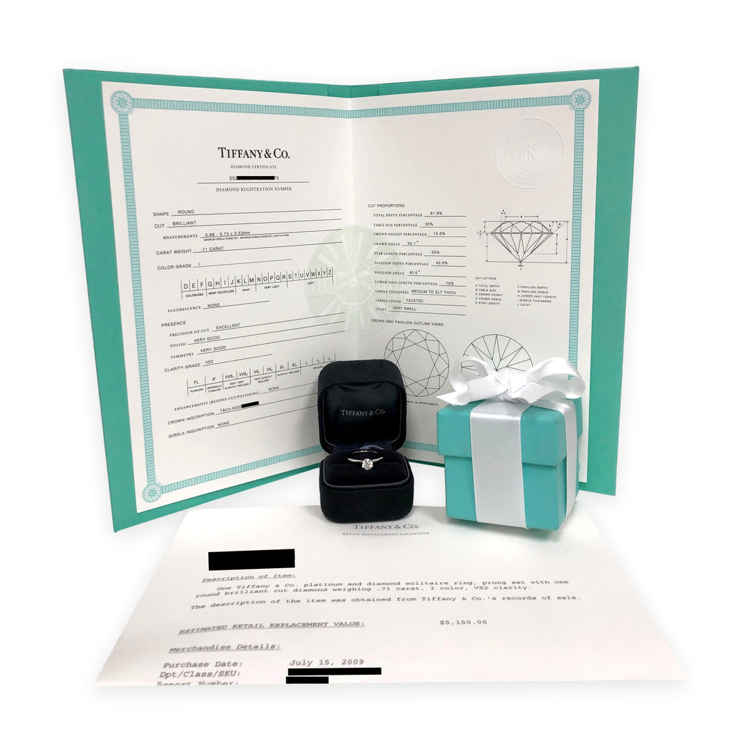 Tiffany & Co. Platinum .71 ct I VS2 Round Diamond Solitaire Engagement Ring
