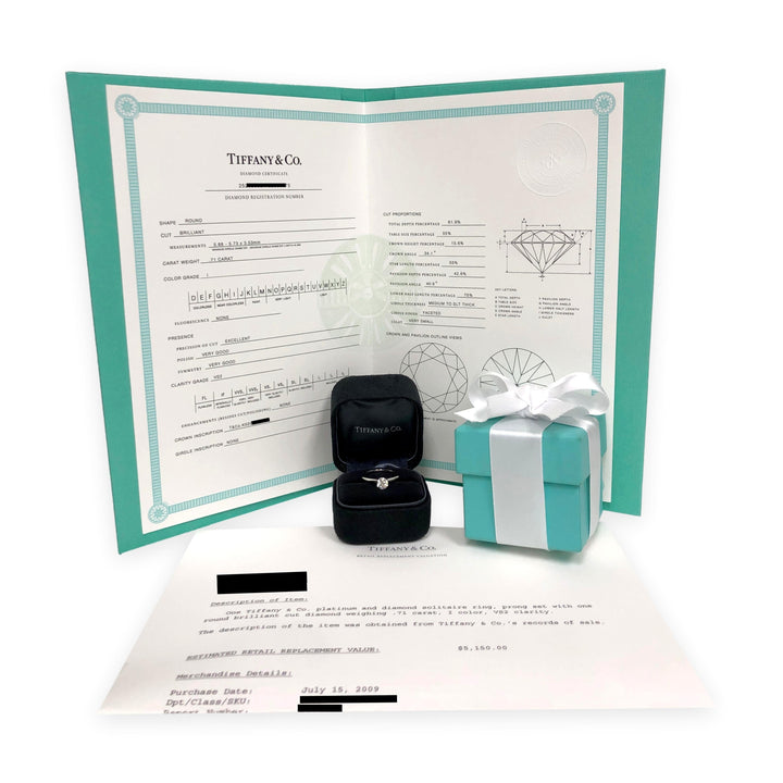 Tiffany & Co. Platinum .71 ct I VS2 Round Diamond Solitaire Engagement Ring