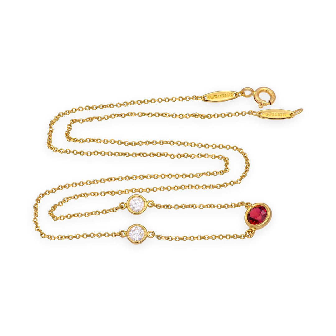 Tiffany & Co Peretti 18K Gold Color by the Yard Ruby Diamond Necklace .50ct Cntr