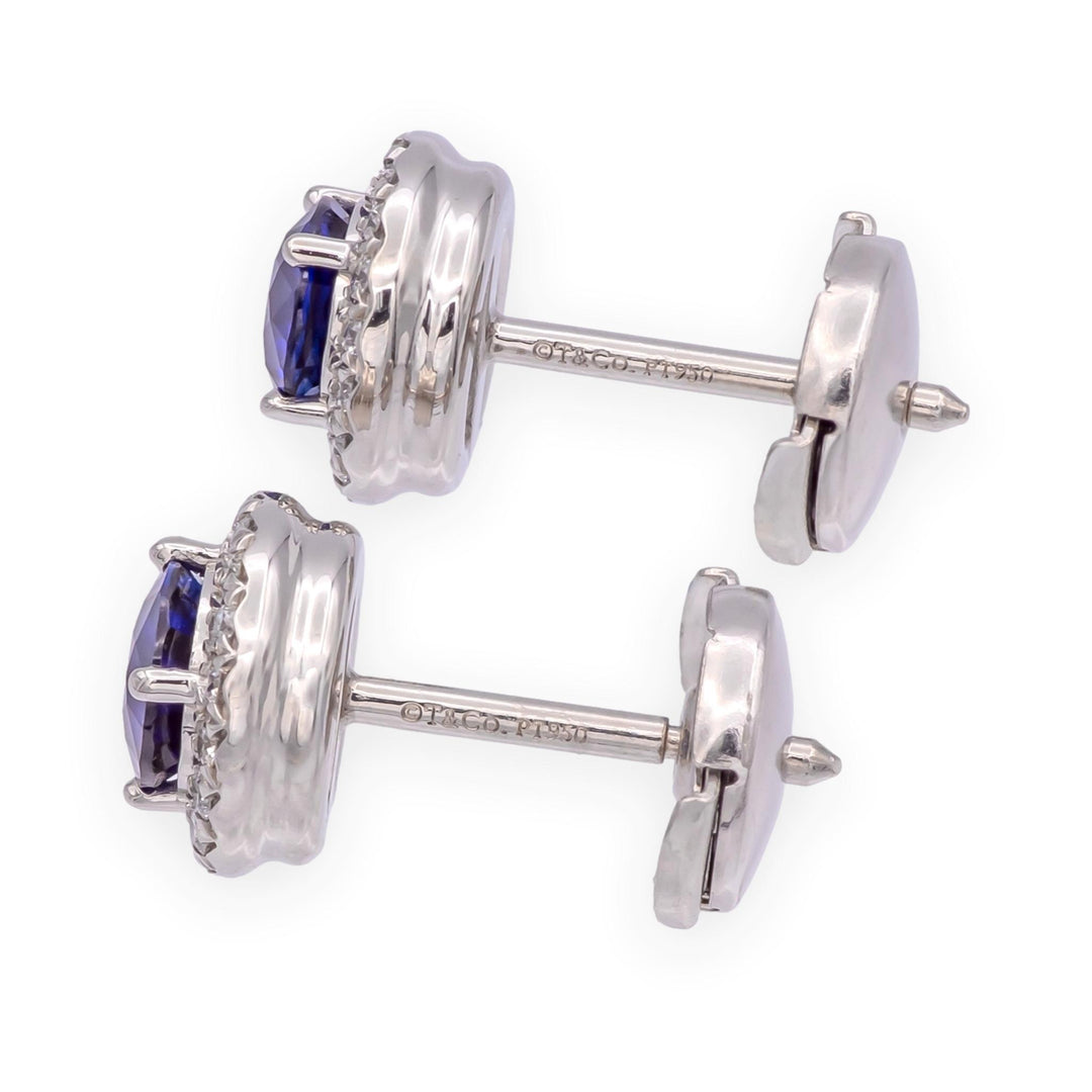 Tiffany & Co. Platinum Soleste Halo Round Sapphire and Diamond Stud Earrings 1ct