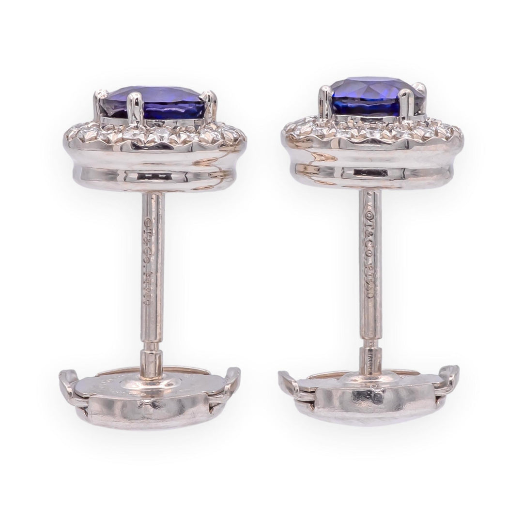 Tiffany & Co. Platinum Soleste Halo Round Sapphire and Diamond Stud Earrings 1ct