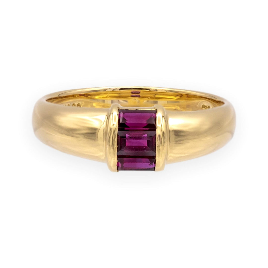 Tiffany & Co. 18K Y Gold Three-Stone Baguette Ruby Channel-Set Domed Band Ring