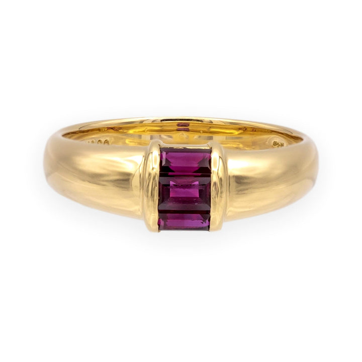 Tiffany & Co. 18K Y Gold Three-Stone Baguette Ruby Channel-Set Domed Band Ring