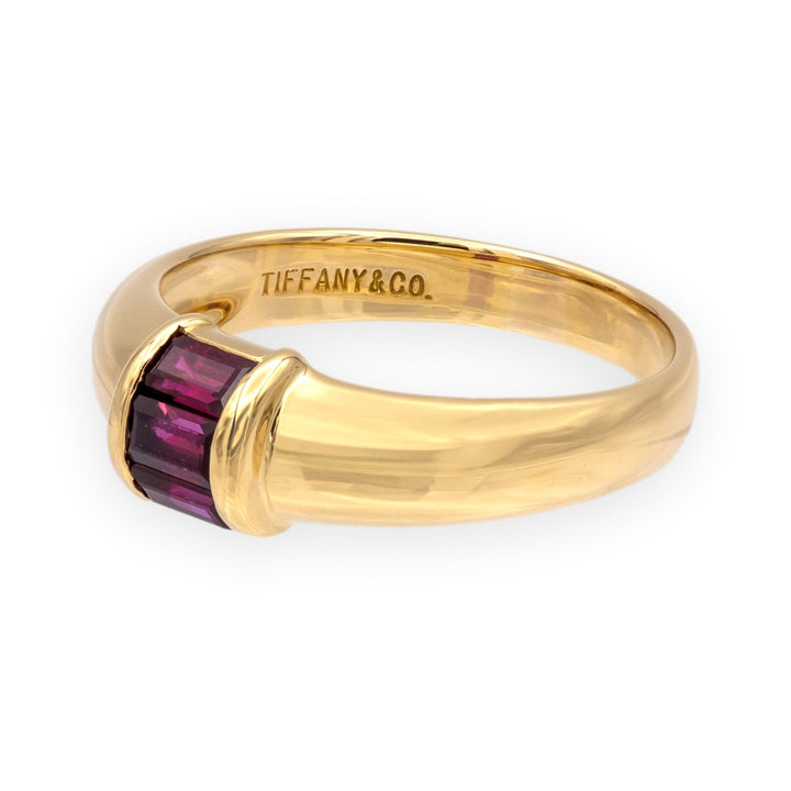 Tiffany & Co. 18K Y Gold Three-Stone Baguette Ruby Channel-Set Domed Band Ring