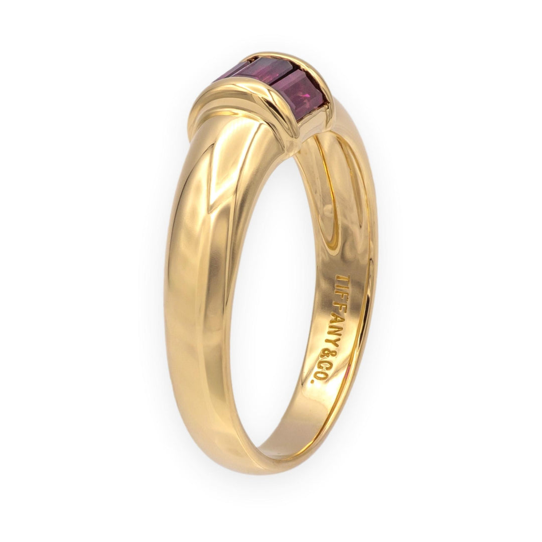 Tiffany & Co. 18K Y Gold Three-Stone Baguette Ruby Channel-Set Domed Band Ring