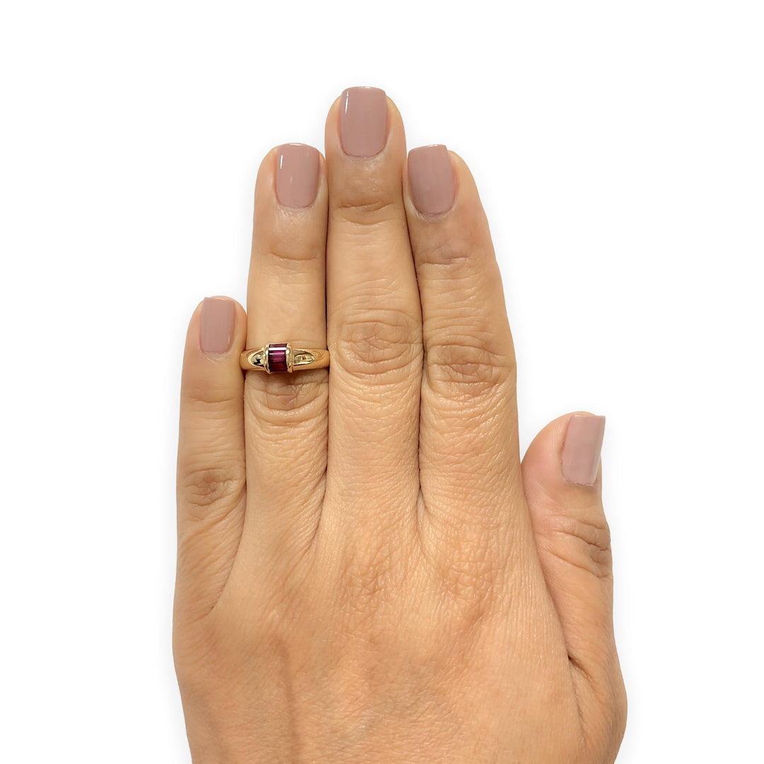 Tiffany & Co. 18K Y Gold Three-Stone Baguette Ruby Channel-Set Domed Band Ring