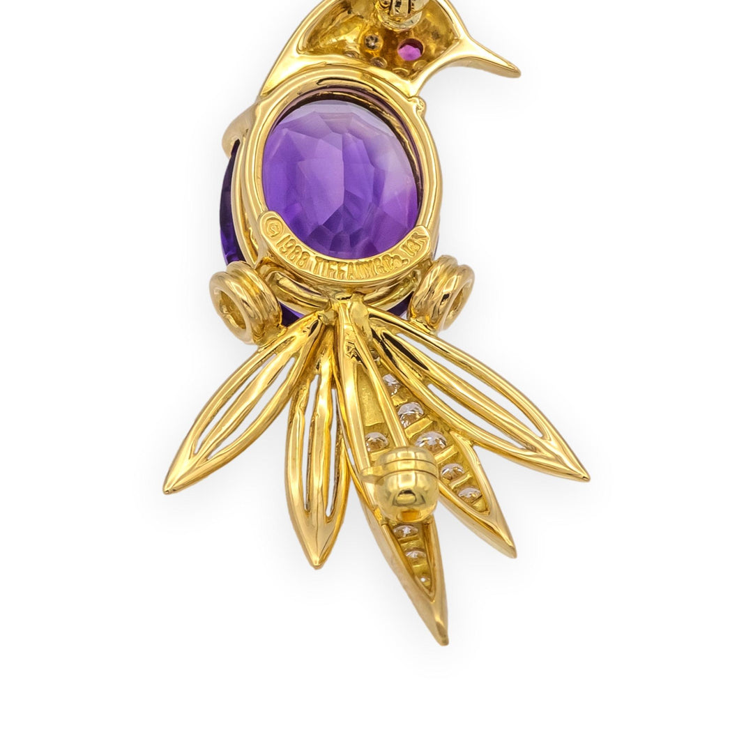 Tiffany & Co 18K Yellow Gold Amethyst Diamond  Ruby Bird of Paradise Brooch 1988