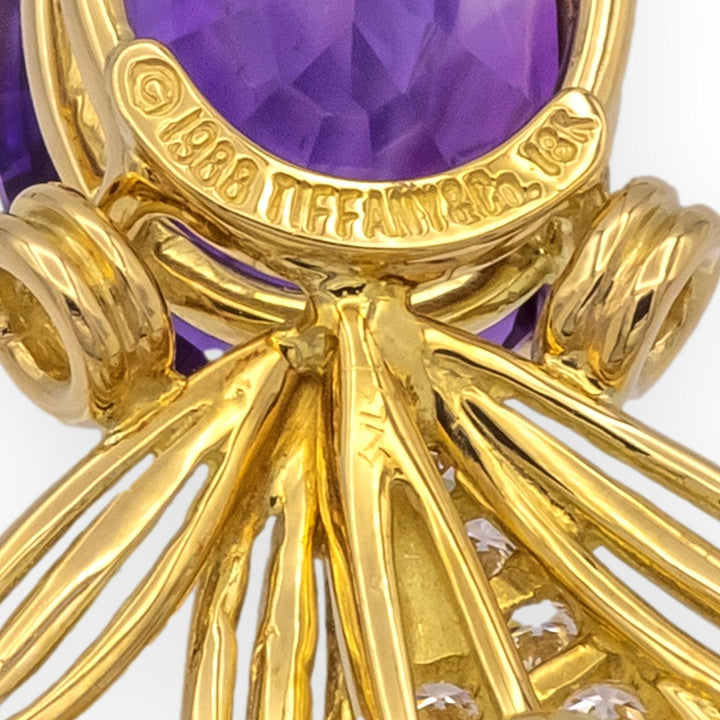 Tiffany & Co 18K Yellow Gold Amethyst Diamond  Ruby Bird of Paradise Brooch 1988
