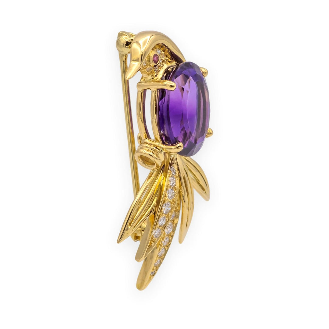 Tiffany & Co 18K Yellow Gold Amethyst Diamond  Ruby Bird of Paradise Brooch 1988