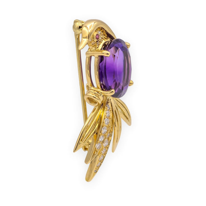 Tiffany & Co 18K Yellow Gold Amethyst Diamond  Ruby Bird of Paradise Brooch 1988