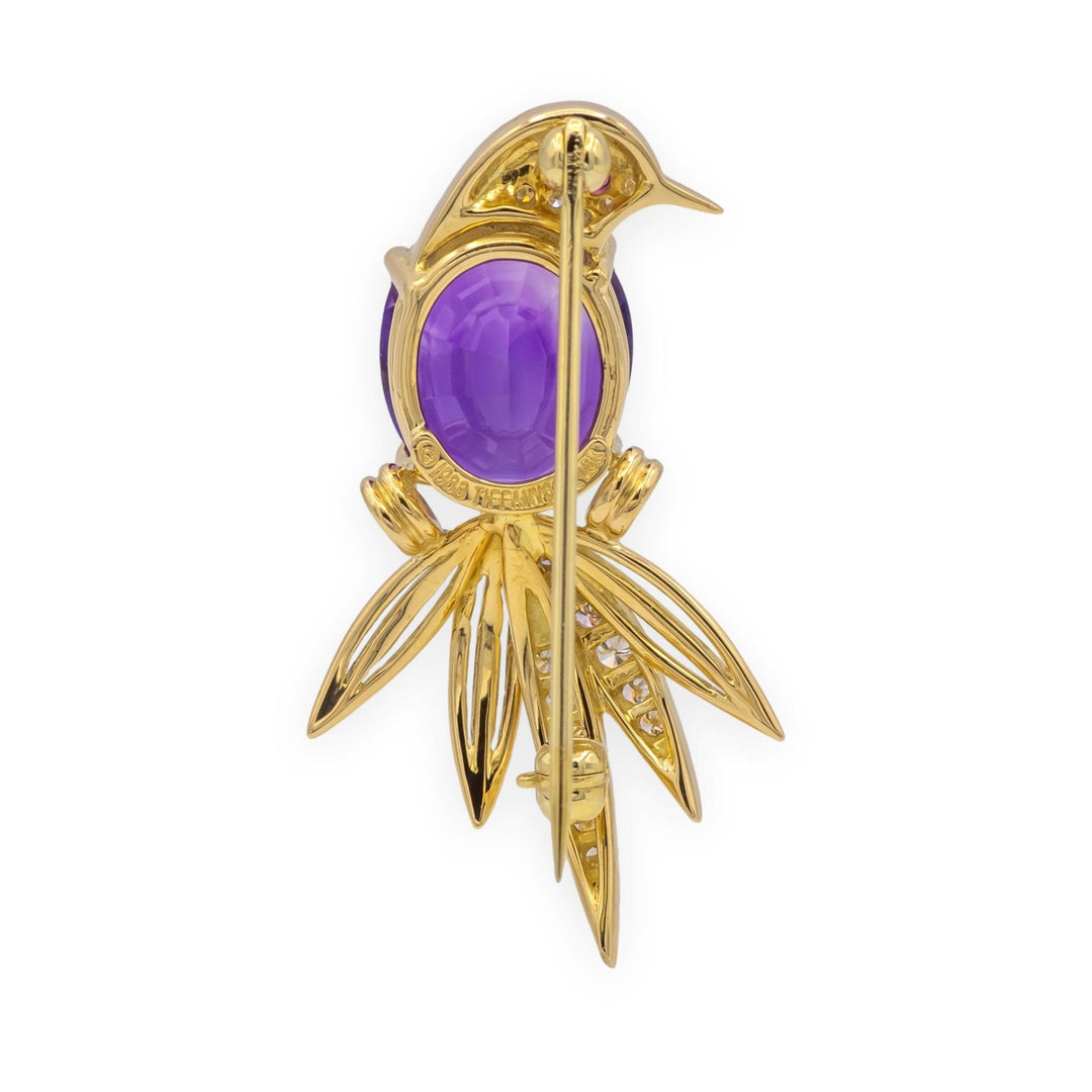 Tiffany & Co 18K Yellow Gold Amethyst Diamond  Ruby Bird of Paradise Brooch 1988