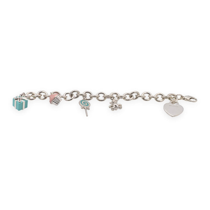 Tiffany & Co. 5 Charm Bracelet: Heart Tag, Teddy Bear, Cupcake, Gift Box, Pop