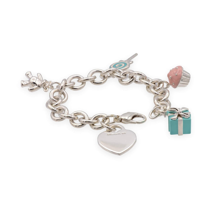 Tiffany & Co. 5 Charm Bracelet: Heart Tag, Teddy Bear, Cupcake, Gift Box, Pop
