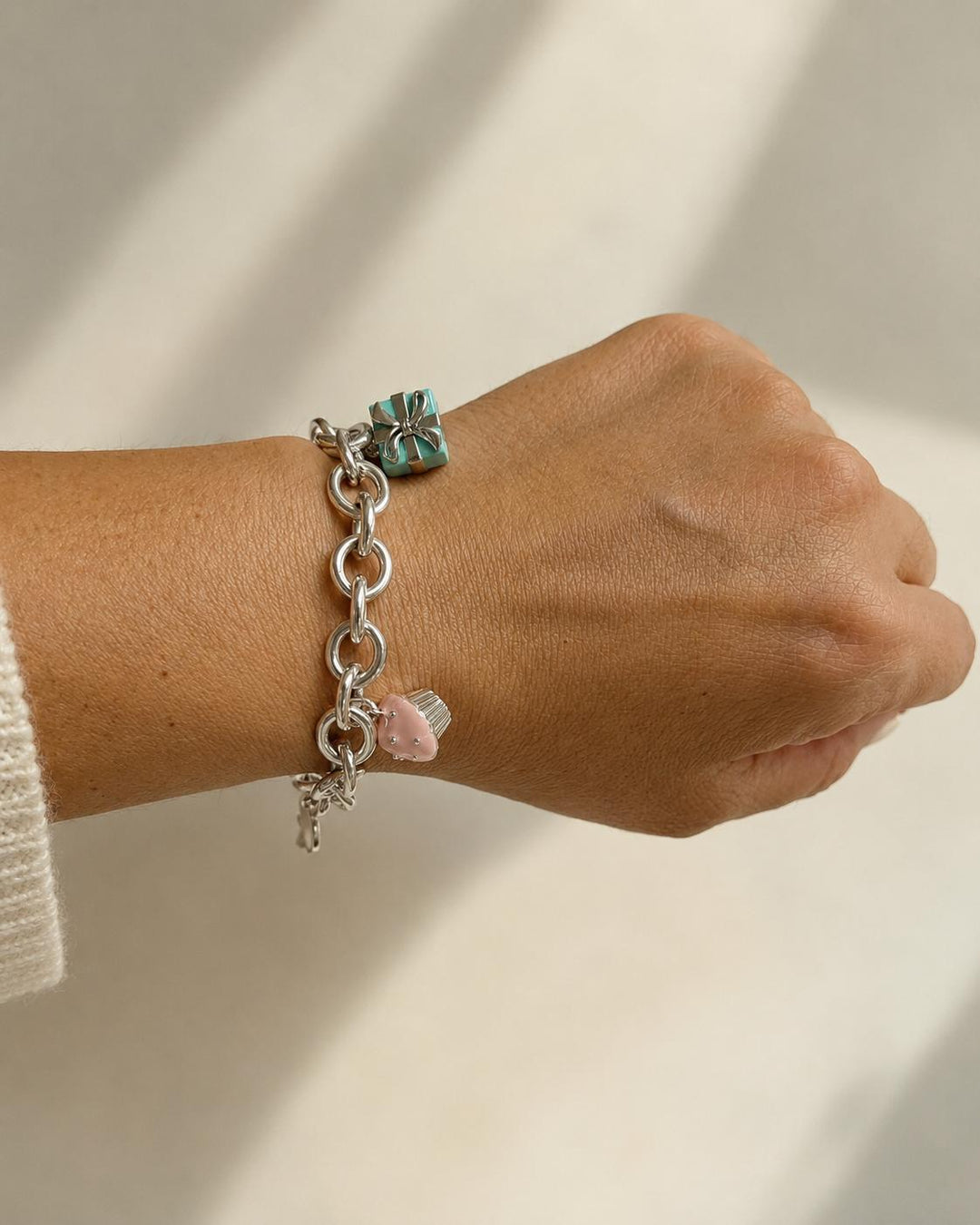 Tiffany & Co. 5 Charm Bracelet: Heart Tag, Teddy Bear, Cupcake, Gift Box, Pop
