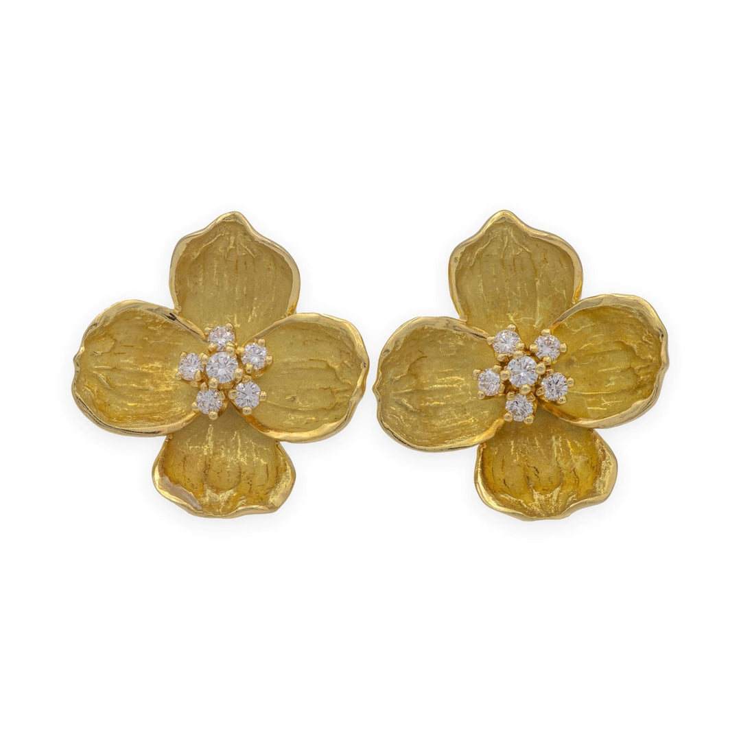 Vintage Tiffany & Co.  18K Gold and Diamond Dogwood Flower Clip Earrings
