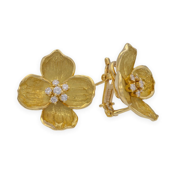 Vintage Tiffany & Co.  18K Gold and Diamond Dogwood Flower Clip Earrings