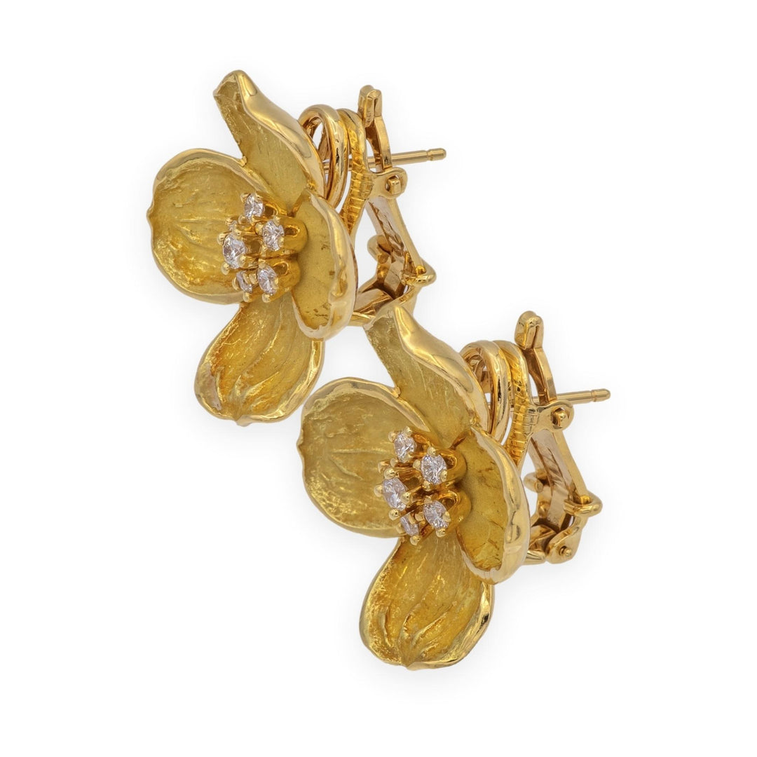 Vintage Tiffany & Co.  18K Gold and Diamond Dogwood Flower Clip Earrings