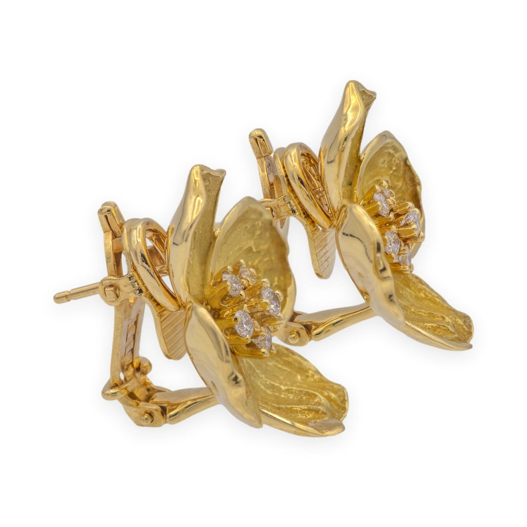 Vintage Tiffany & Co.  18K Gold and Diamond Dogwood Flower Clip Earrings