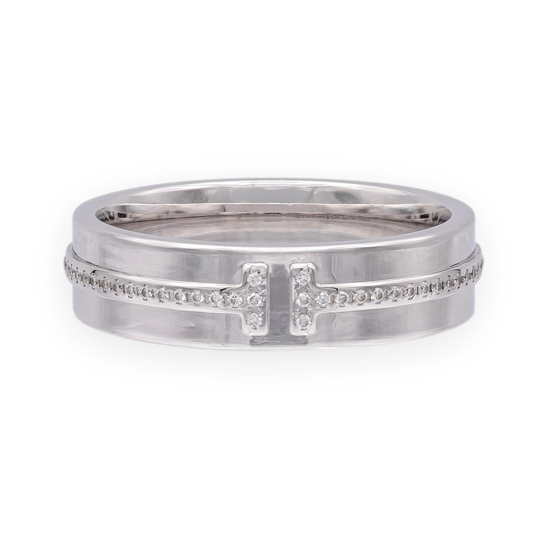 Tiffany & Co. T Wide 18K White Gold Diamond Band Ring, 5.5mm, Size 8
