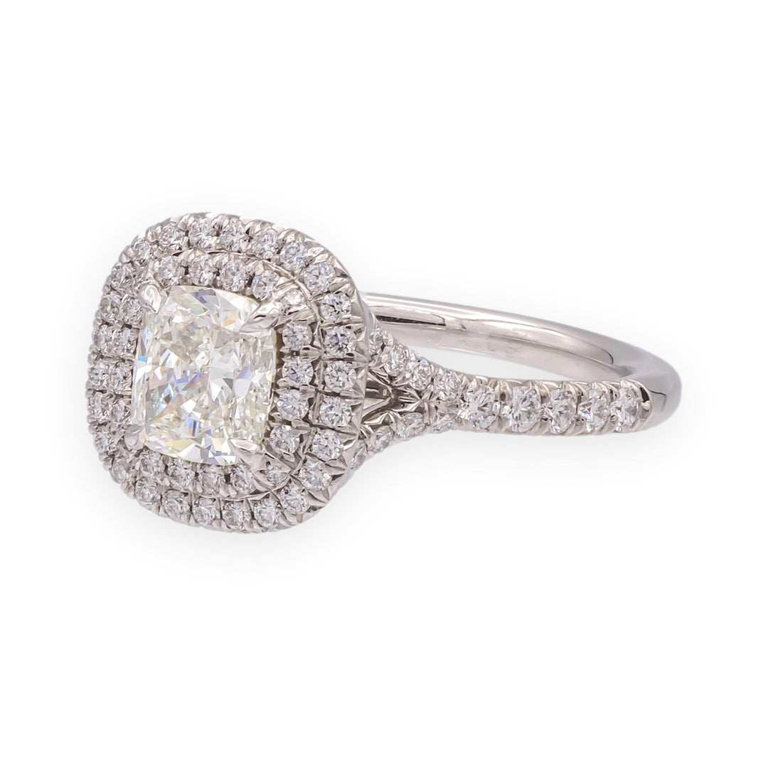Tiffany & Co Platinum Soleste .89 ct center Double Halo Diamond Engagement Ring