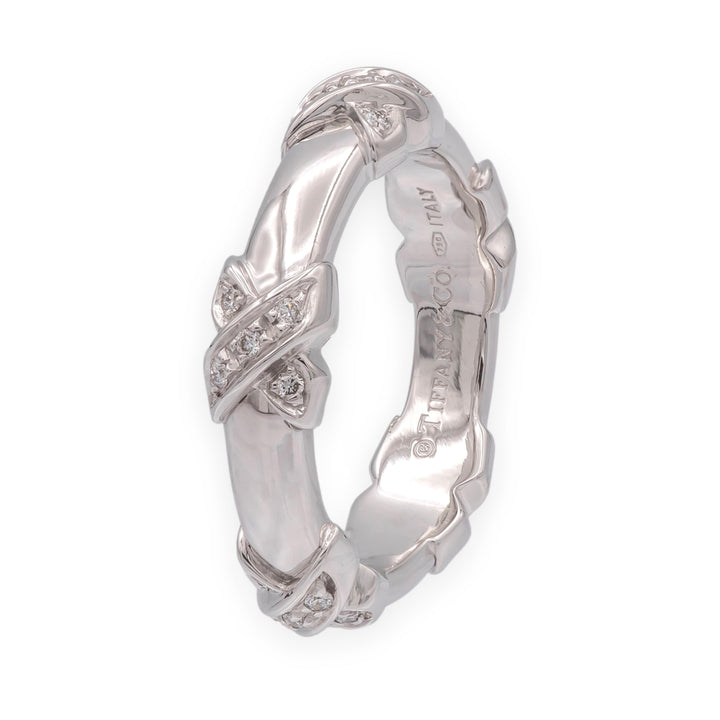 Tiffany & Co. 18k White Gold Diamond X Band Ring Size 5