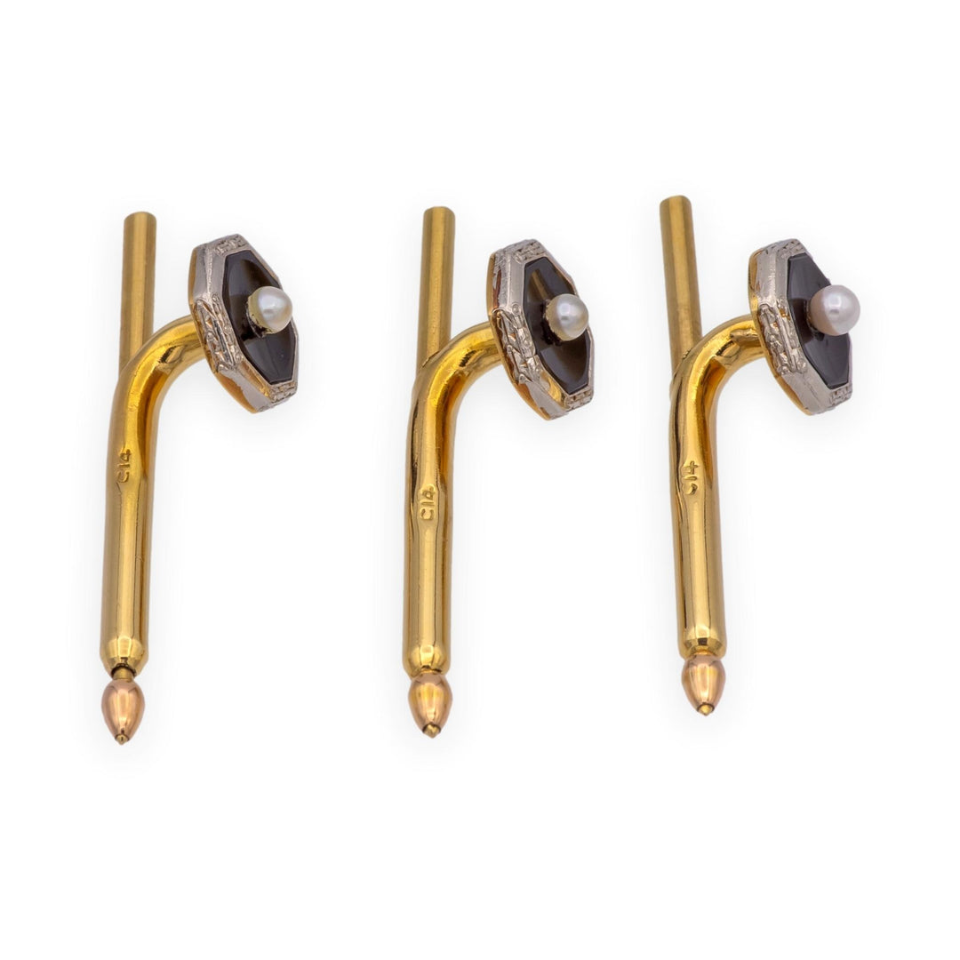 Tiffany & Co. Art Deco 14K Platinum Onyx Pearl Cufflink Stud Dress Set 1920s
