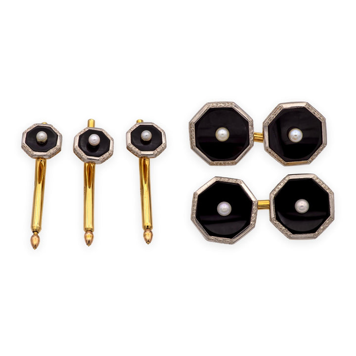 Tiffany & Co. Art Deco 14K Platinum Onyx Pearl Cufflink Stud Dress Set 1920s