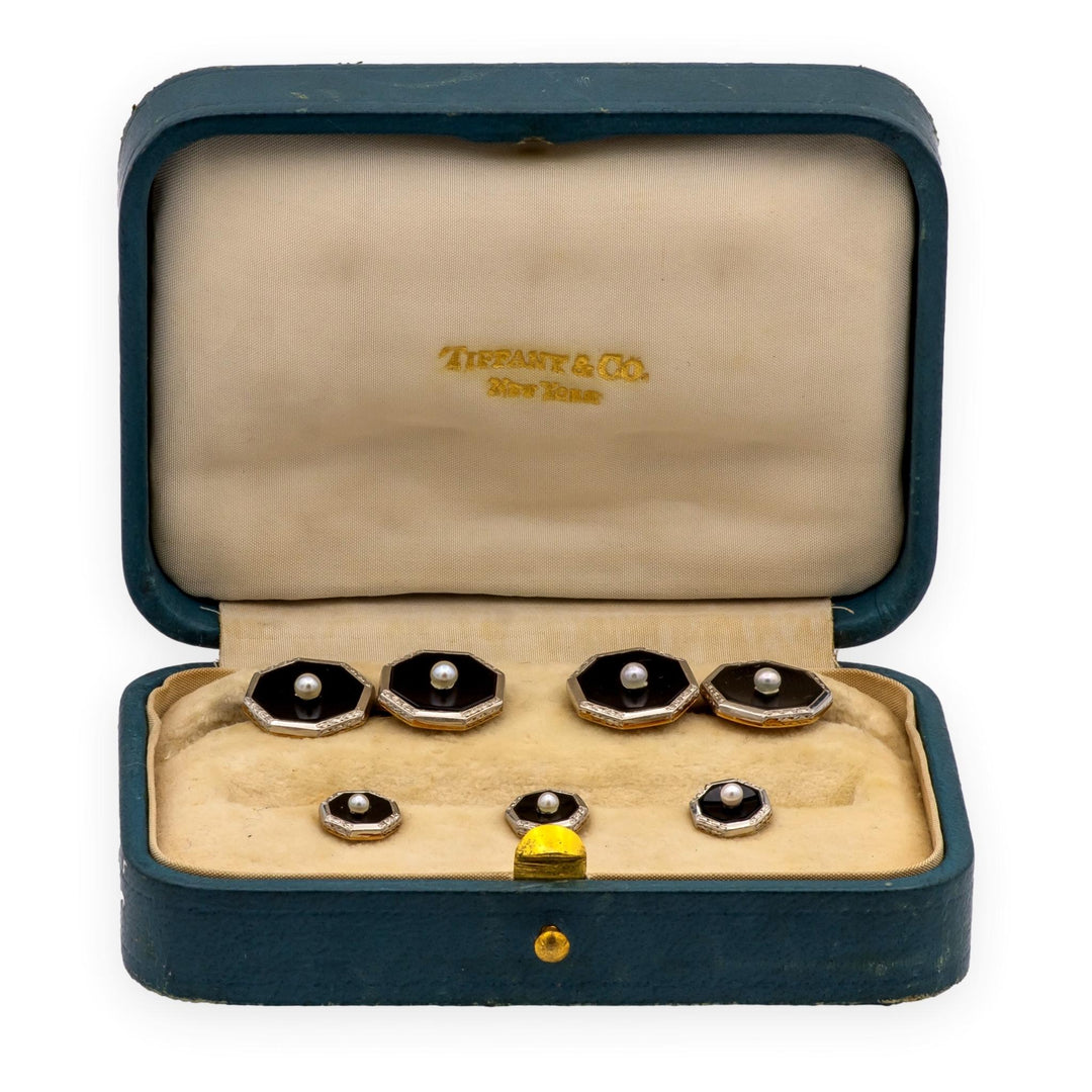 Tiffany & Co. Art Deco 14K Platinum Onyx Pearl Cufflink Stud Dress Set 1920s