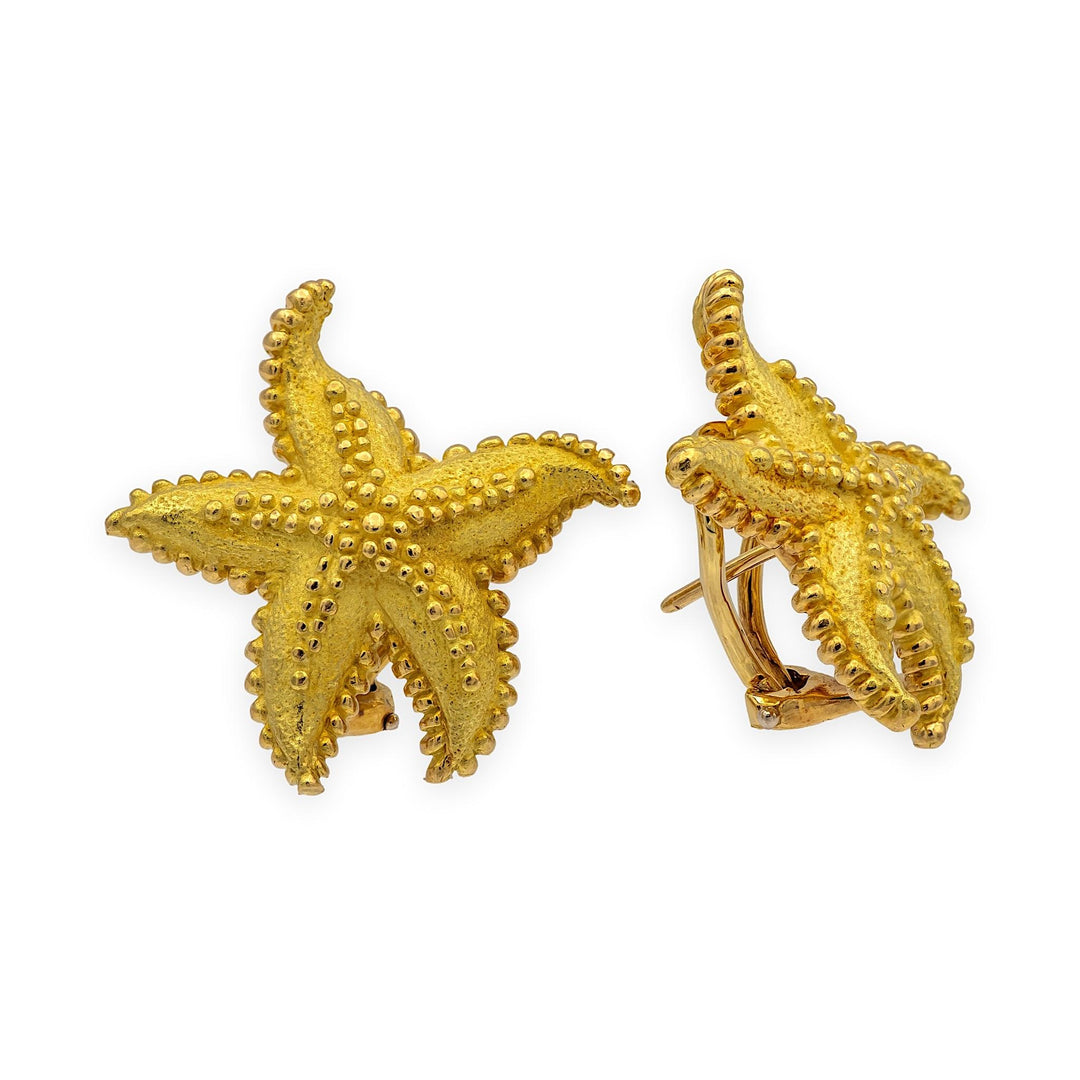 Tiffany & Co. Vintage 18K Yellow Gold Textured Starfish Earrings 25mm