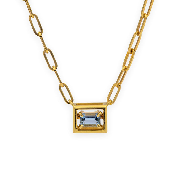 Tiffany & Co. 18K Gold Aquamarine Box Pendant Paperclip Necklace 17.5"