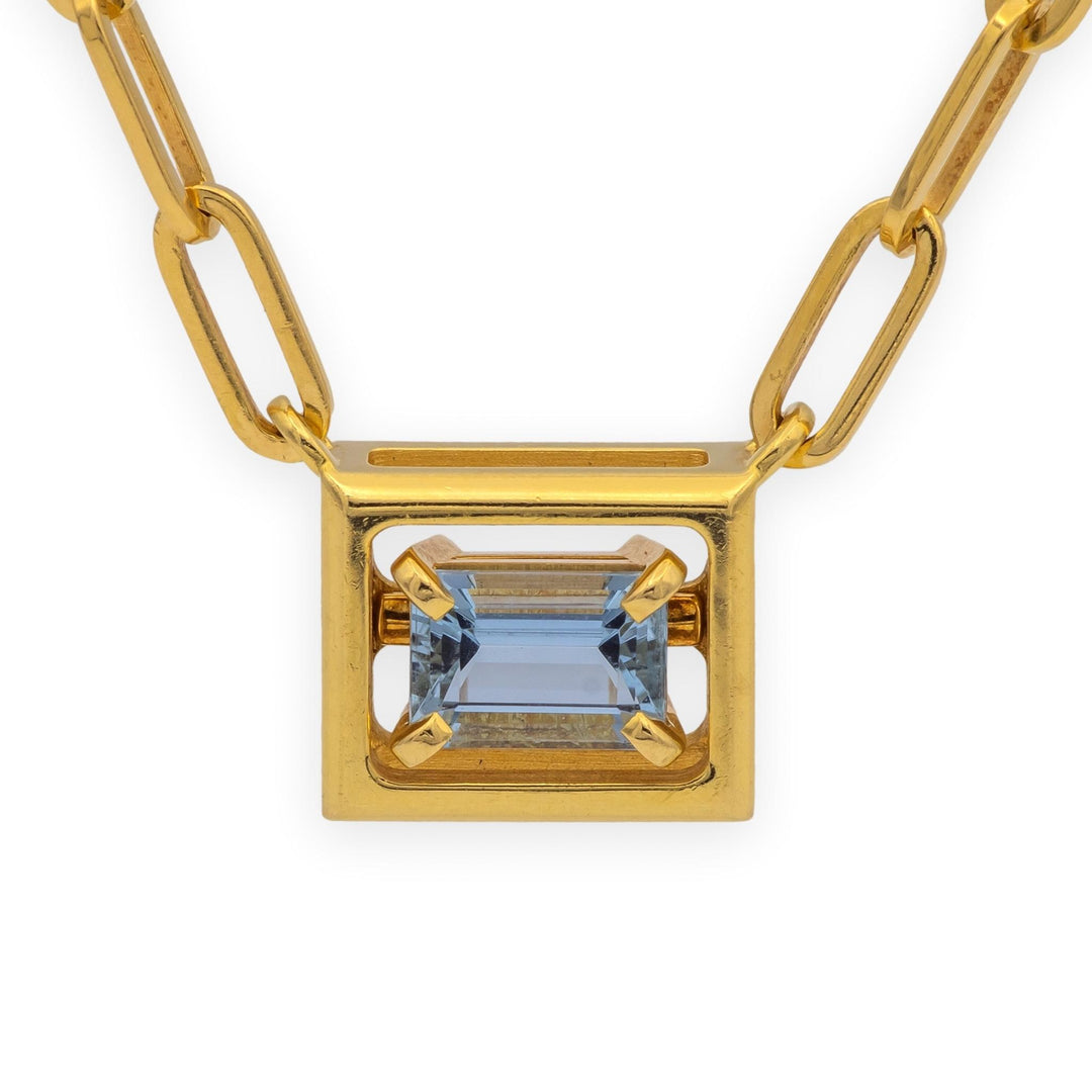 Tiffany & Co. 18K Gold Aquamarine Box Pendant Paperclip Necklace 17.5"
